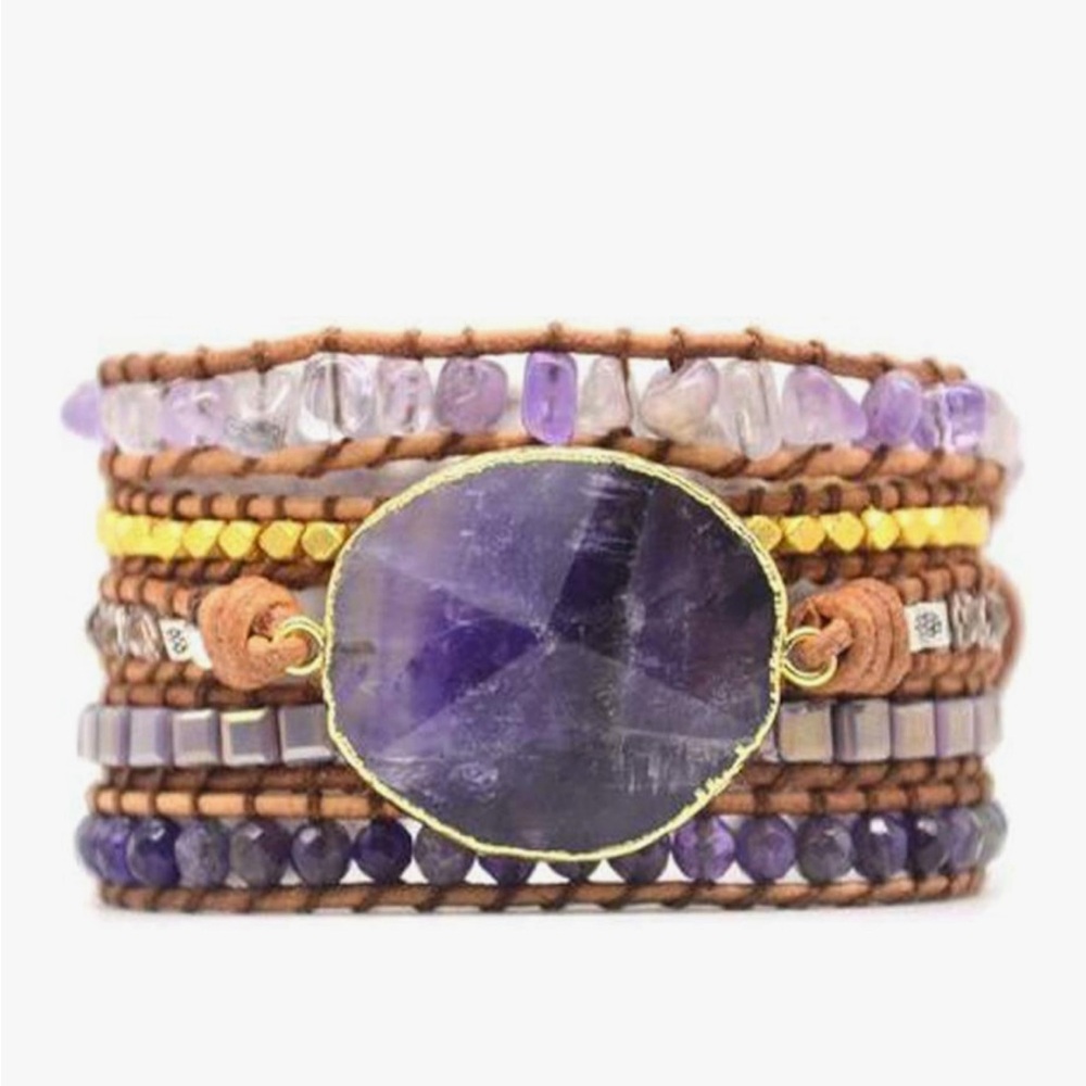 CLEARANCE Boho Handmade Wrap Leather Tube Crystal Stone Bracelet Amethyst stone.